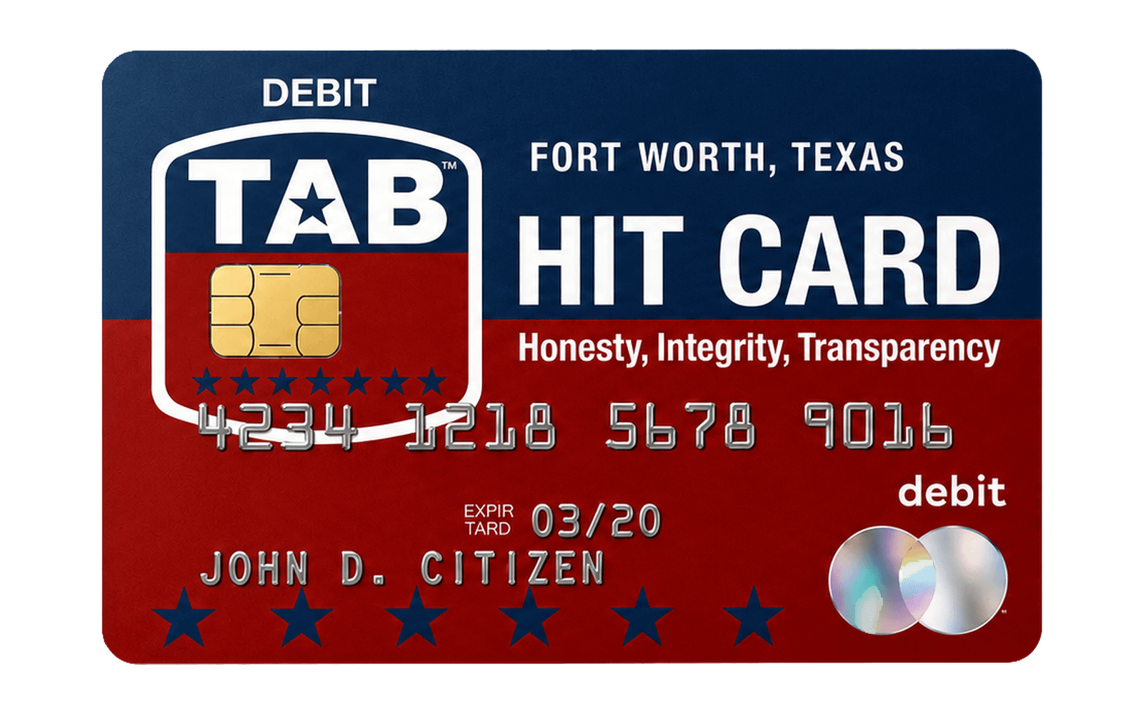 Blue and red Fort Worth TAB HIT Card debit design